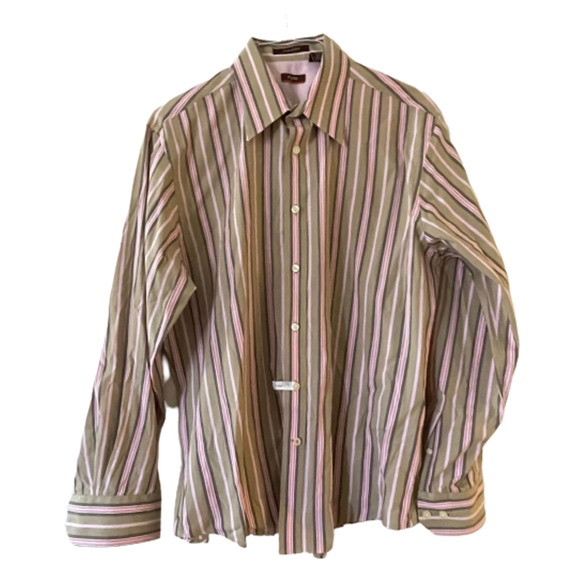 NYNE Other - Nyne Size L Men's Coolmax Poplin Button Up Shirt Brown Pink Stripe Long Sleeve